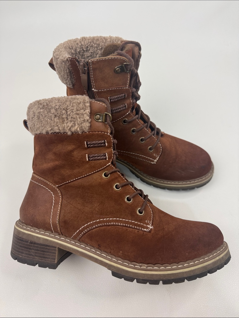 Patrizia by Spring Step Brown Faux-Shearling Lace-Up Ankle Boots Size 8